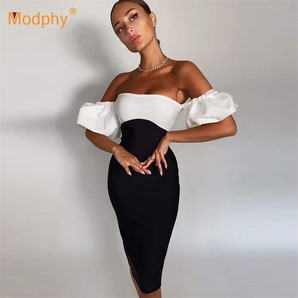 

contrast color off shoulder bandage dress women bubble short sleeve bodycon club evening party vestidos 210527, Black;gray