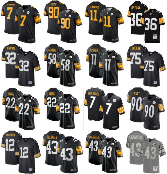 

2021 american football jerseys pittsburgh steelers jersey troy 43 polamalu ben 7 roethlisberger chase 11 claypool franco 32 harris t.j. 90 w, Black;red