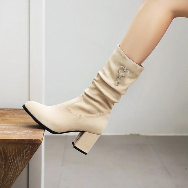 

boots winter 2021 fashion women's mid boot side zipper frosted round head high heel metal decorative thick 48 heels, Black