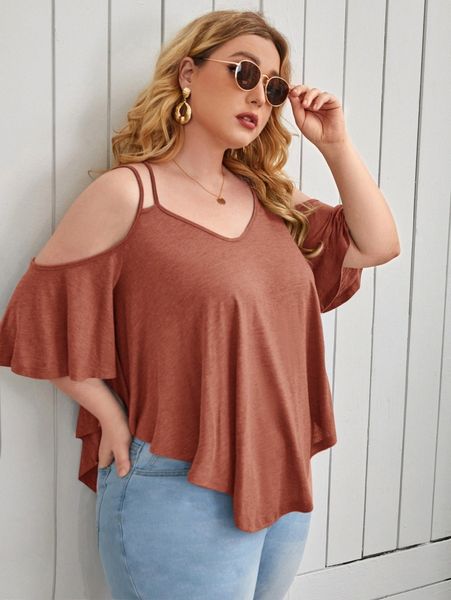 

plus cold shoulder crisscross ruffle trim asymmetrical hem tee 34ba#, Black