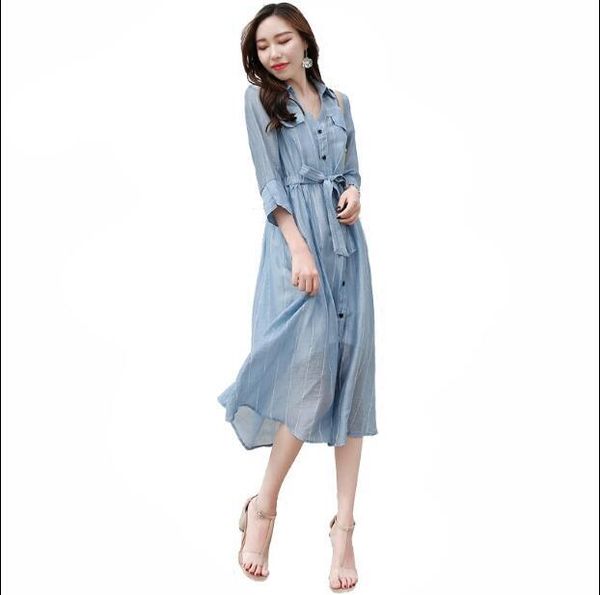 

casual dresses spring striped dress shirt sashes bowknot summer office lady vestido de festa button long tunics women vestidos, Black;gray