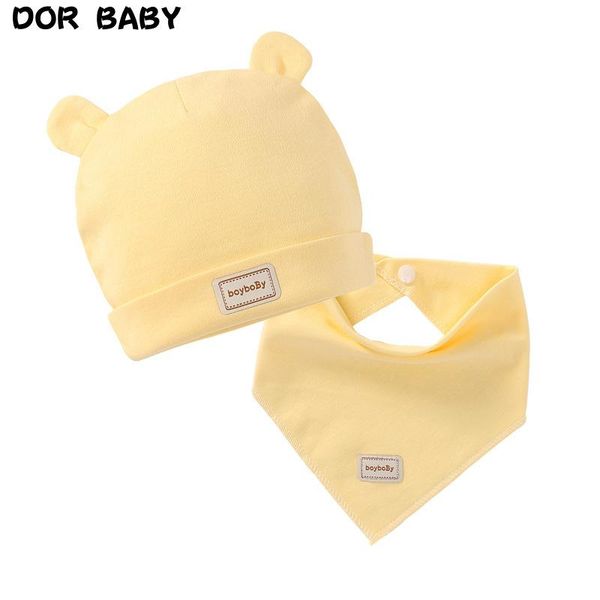 

2pcs/set eslatic headscarf double layer cotton baby caps&hats with bibs set for born infant candy color socks, Pink;yellow