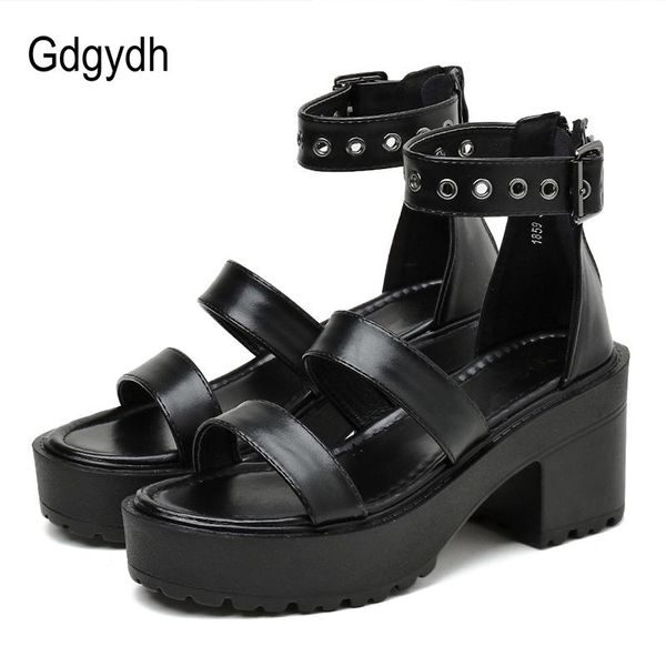 

gdgydh rivets women square heel sandals platform shoes black punk rock street wear on foot back zipper high quality