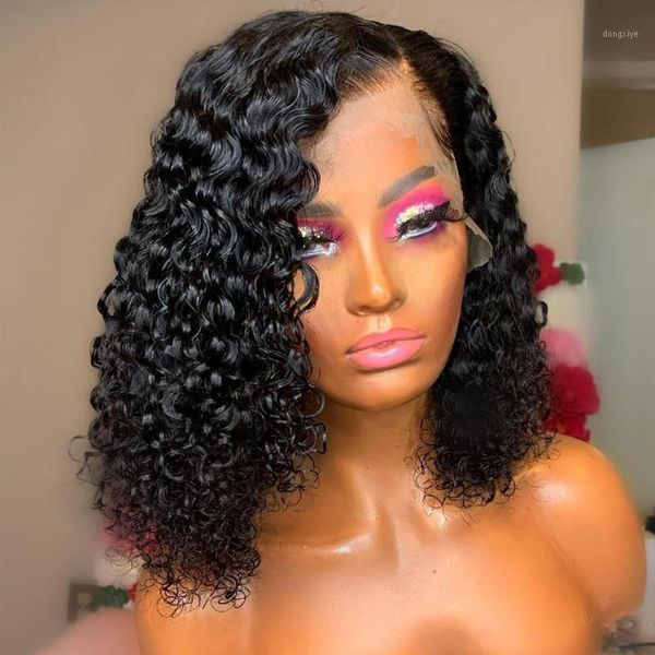 

130% curly bob wig 13x4 lace front human hair wigs remy brazilian for women pre pluck bleached knots1, Black;brown