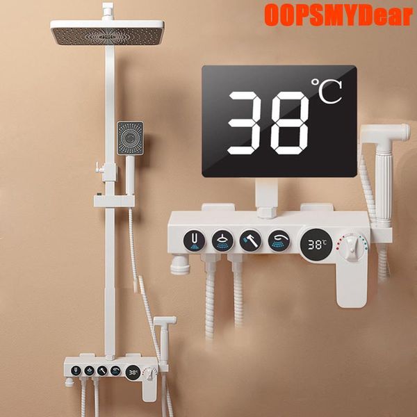Sistema de banho de banheiro conjuntos de banho digital branco misturador frio conjunto termostático montagem de parede quadrado cabeça spa Rain Torneira banheira