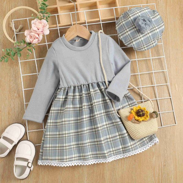 

autumn 2pcs baby girls casual long sleeve dress toddlers kids children's plaid stitching o-neck a-line dress with berets outfits g1026, Red;yellow