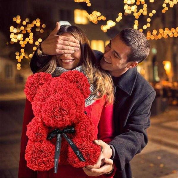 

stock 38cm rose teddy bear artificial flower led strings decoration rose bear wedding valentines day gifts for women home decoration