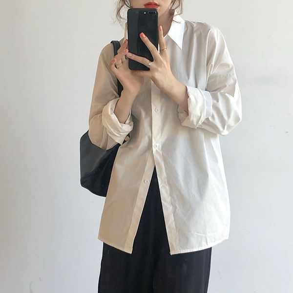 

women's blouses & shirts chic women casual solid shirt office ladies summer and female korean long sleeves, White
