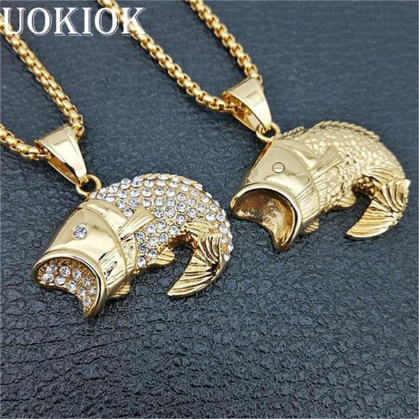 

pendant necklaces hip hop iced out bling piranha fish necklace gold color stainless steel sea animal men hiphop ocean jewelry, Silver