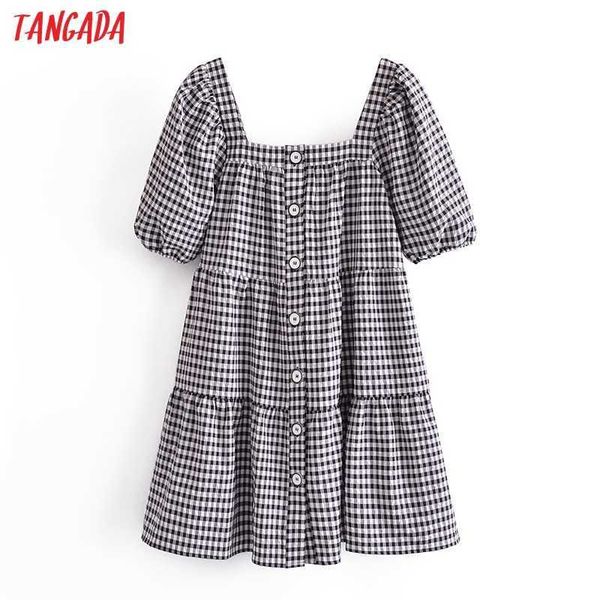 

tangada summer women plaid print beach dress puff short sleeve ladies mini dress vestidos 3h252 210609, Black;gray