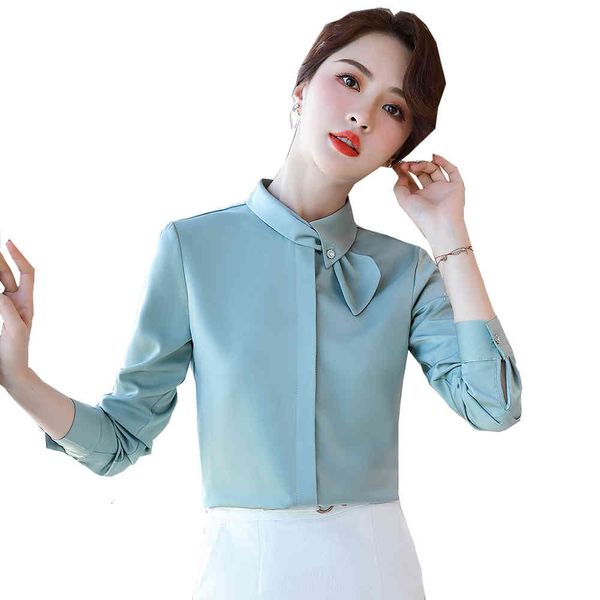 

women's blouses & shirts bow collar silk office ladies blouse women elegant white blue plus size formal work business shirt 1n62