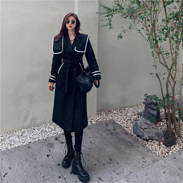 

women's trench coats 2021 spring autumn womens navy collar temperament coat design sense double-breasted adjustable waist button, Tan;black