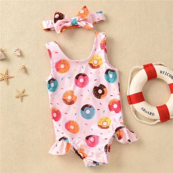

one-pieces 2021 baby girls one-piece swimsuit headband cute infant toddler ruffles swimwear donuts animal print beachwear 0-24m, Black