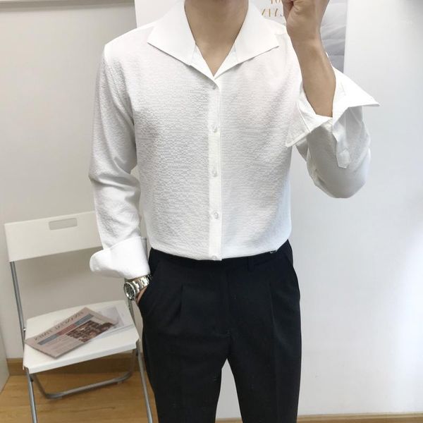 

men's dress shirts british simple shirt long sleeve summer solid color v-neck men clothes streetwear business formal, White;black