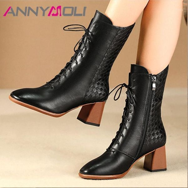

boots annymoli winter ankle women natural genuine leather thick high heel short zipper round toe shoes lady autumn size 421 e60n, Black