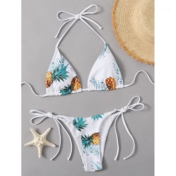 

ladies female pineapple printed three-point split bikini swimsuit maillot traje de baÃ±o mujer 2021 biquini woman women's swimwear, White;black