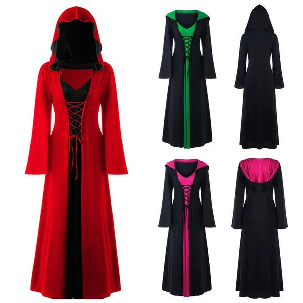 

casual dresses fashion women medieval renaissance gothic hooded lace-up halloween long sleeve witch cloak dress robe vestidos#g3, Black;gray