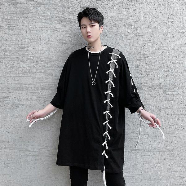 

men's t-shirts summer gas eye drawstring design urban youth fashion hip hop trend loose casual round collar short sleeve t shirt, White;black