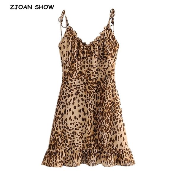 

vintage france summer wood ears v neck leopard print bandage spaghetti strap short dress women lacing up sling party 210429, Black;gray