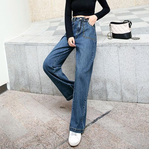 

spring women jeans high waist loose wide hem straight denim pants retro wash women's, Blue