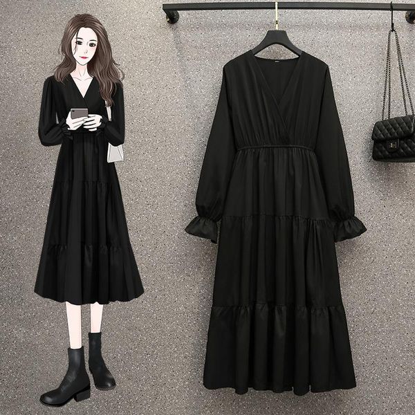 

casual dresses women's dress 2021 autumn black solid long for girls sleeve 3xl size female clothes vestidos, Black;gray
