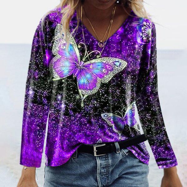 

women's t-shirt women butterfly printed t-shirts digital blue long sleeve 2021 arrival girls v-neck autumn euro style, White
