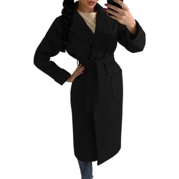 

women's wool & blends casual women oversize coat solid color double breasted autumn winter clothes long lace-up warp for office, Black