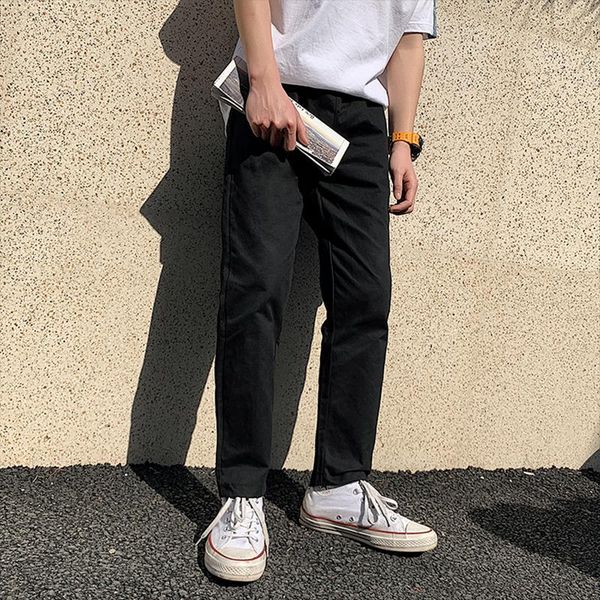 

men's pants straight loose wide leg khaki korean fashion summer capri casual, Black