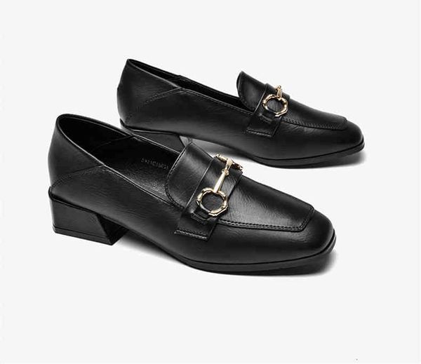 

dress shoes 2021 spring and autumn college style square toe casual shoes thick heel loafers women's mid-heel set foot small leathe, Black