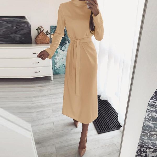 

casual dresses autumn long sleeve irregular hem a-line maxi dress with tie waist for women vestidos elegantes para mujer, Black;gray