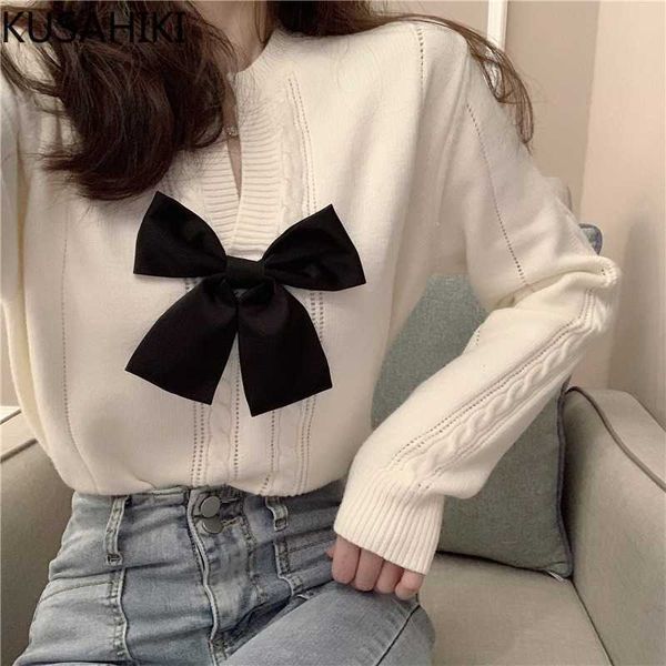 

long sleeve v-neck sweet bowknot knitwear causal korean women sweater spring pullover knitted 6e752 210603, White;black