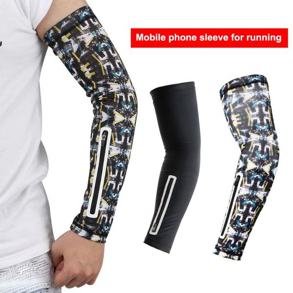 

1pc nylon arm sleeves sun uv protection hand cover for fishing running bicycle cycling zipper mobile phone pocket guard elbow & knee pads, Black;gray