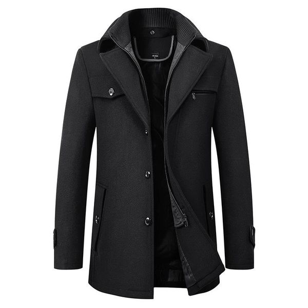 

men's wool & blends pea coat simple woolen male men thick trench solid-color high-quality winter overcoat warm slim fit jackets, Black