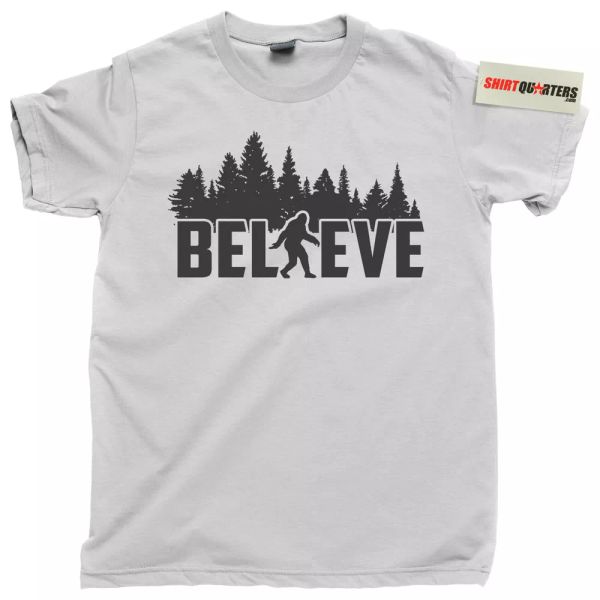 

believe in bigfoot sasquatch sighting conspiracy theory blurry woods tee t shirt, White;black