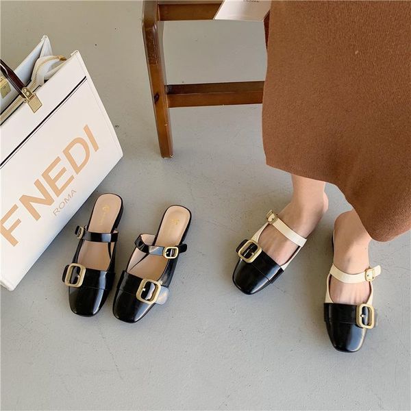

slippers spring 2021 style square button flat bottom half drag head fashionable women's are size, Black