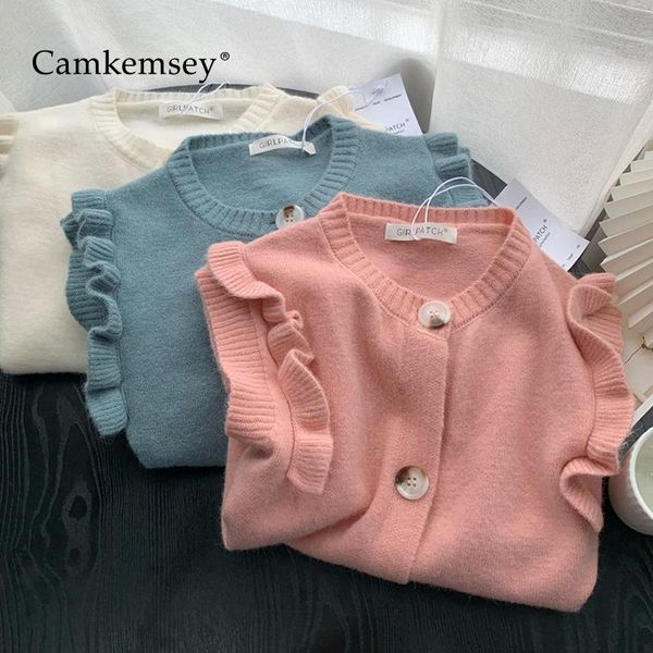 

women's knits & tees soft knitted sweater vest women korean casual o-neck elegant ruffles ruched sleeveless single breasted car, White