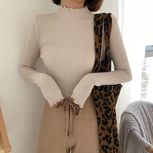 

women's sweaters 2021 winter autumn long women solid knitted pullovers turtleneck ruffles elastic office ladies casual jumpers mujer, White;black