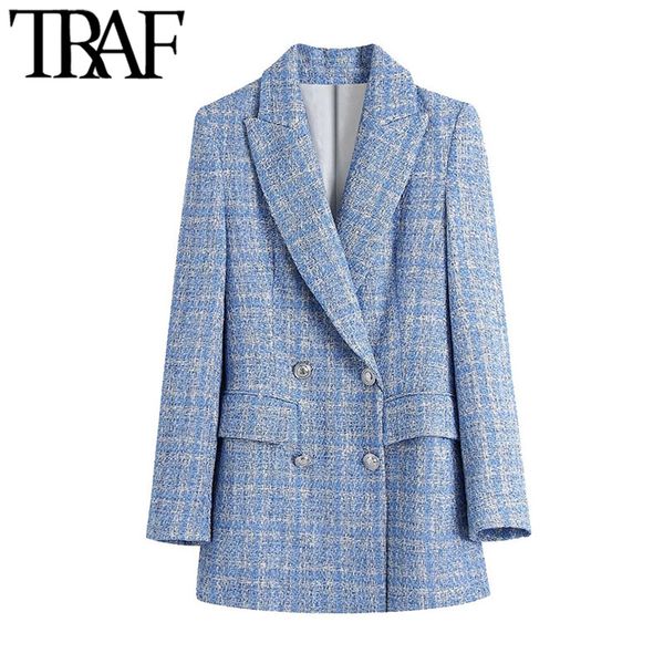 

traf women fashion double breasted tweed check blazers coat vintage long sleeve pockets female outerwear chic veste 210415, Black;brown