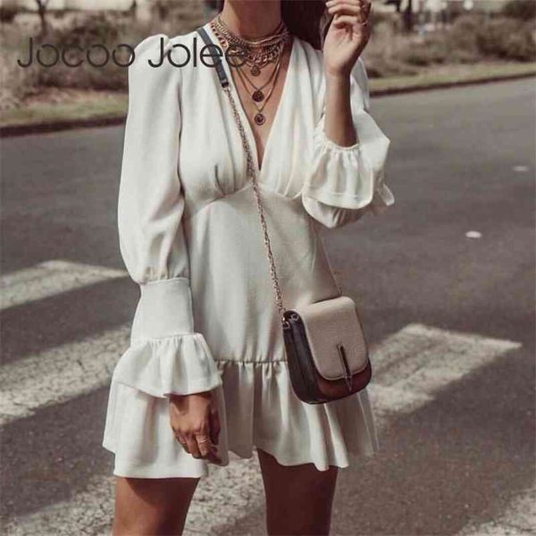 

women elegant white ruffles deep v neck long sleeve club night mini dresses office lady casual zipper back dress 210416, Black;gray