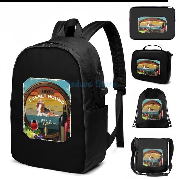 

print basset hound gift- wine design for lovers usb charge backpack men school bags women lapbag