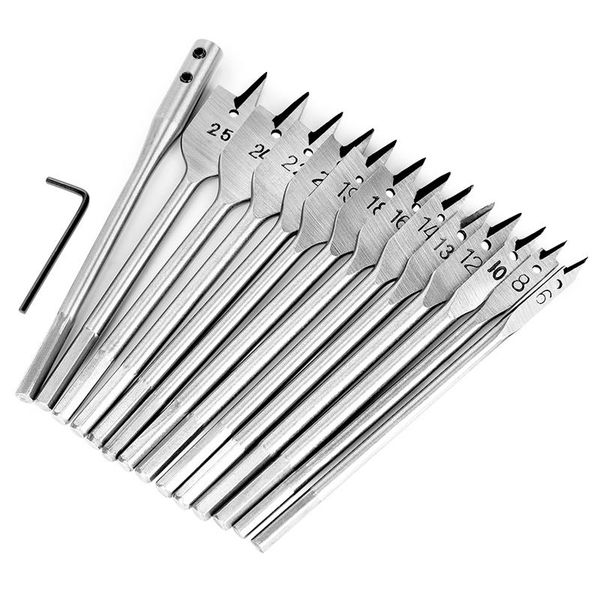 

professional drill bits 15pcs full carbon steel hex shank spade flat wood bit set for metal 6-25mm high drilling power tools kit
