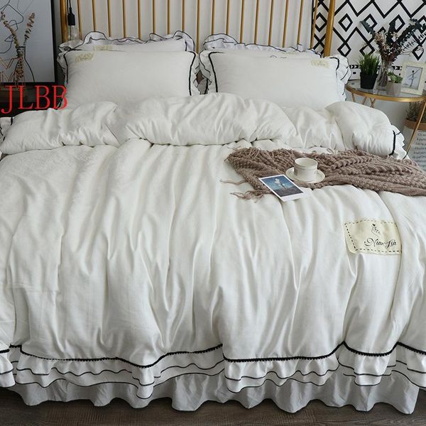

bedding sets double ruffles set black ball flat sheet pillowcase&duvet cover washed cotton bed korean freshness white linens