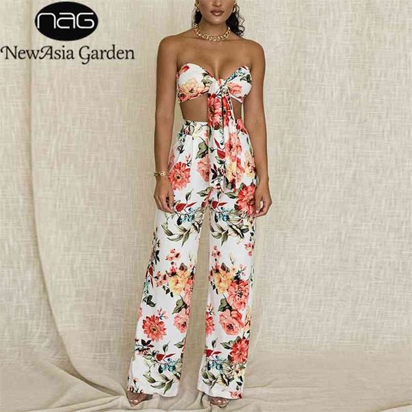 

asia floral crop long pant two piece set women summer off shoulder knotted wide leg pants party 2 piece sets 210819, White