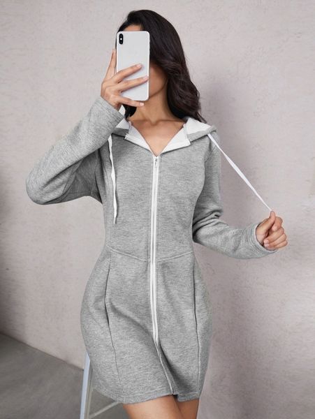 

zip up drawstring hooded sweatshirt dress a4yl#, White;black