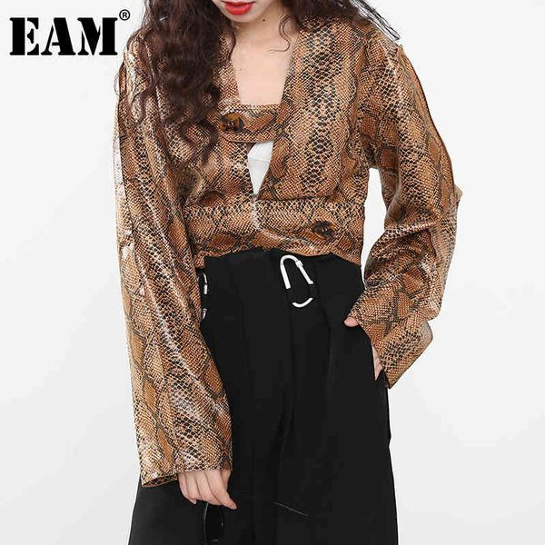 

[eam] women snake pattern hollow out blouse v-collar long sleeve loose fit shirt fashion spring autumn jx59916 210512, White