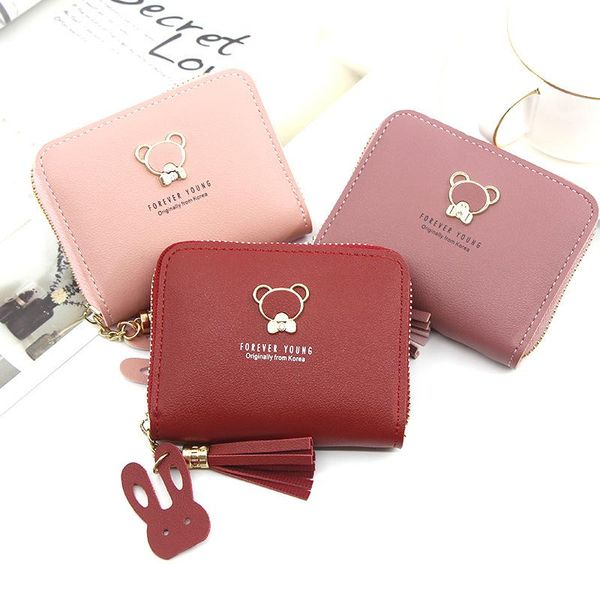 

card holders women short wallets casual leather holder wallet cartoon cute clutch coin purse small zipper bag woman, Brown;gray