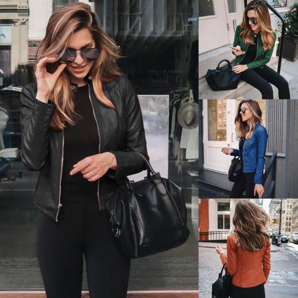 

women's jackets autumn women leather jacket casual zipper moto biker slim short coat ladies classic black red punk bomber outwear plus, Black;brown