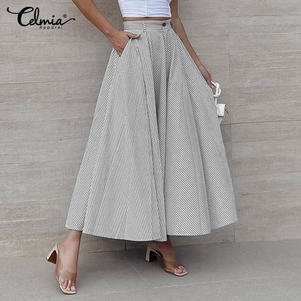 

celmia 2021 fashion office striped a-line skirt summer casual loose long skirts high waist pleated party maxi plus size, Black