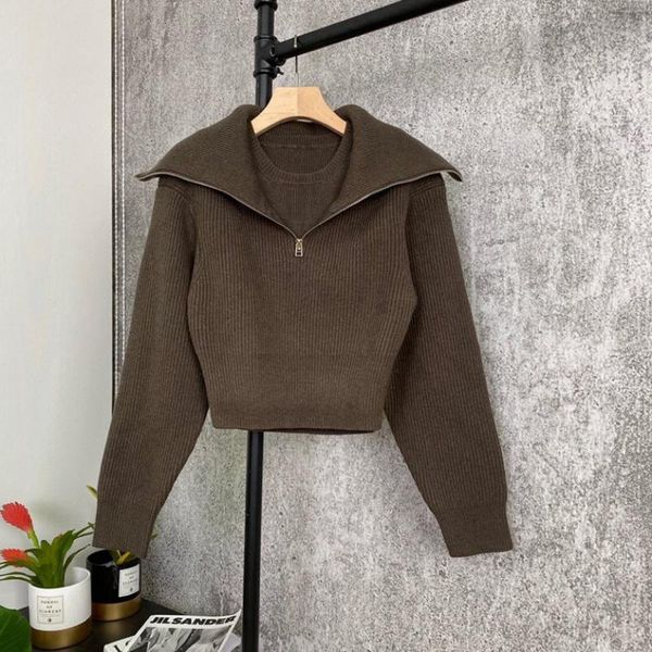 

women's sweaters autumn winter elegant fake two-piece turn-down collar zipper pullover rib knit lapel short sweater long sleeve women, White;black
