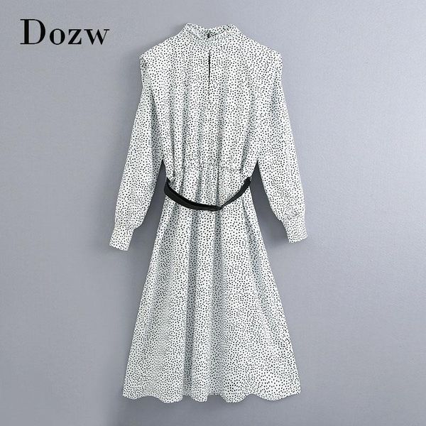 

casual dresses dot print midi dress women o neck elegant pleated long sleeve back hollow out party with belt vestidos mujer, Black;gray